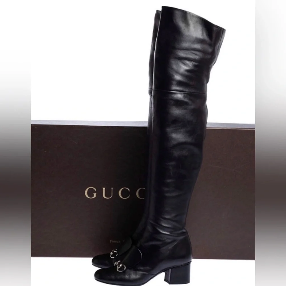 STUNNING & RARE ✨ Gucci Black Leather Lillian Over-The-Knee Horsebit Boots